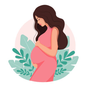 A modern illustration about pregnancy and motherhood. beautiful young woman with long hair. Minimal design, vector illustration in cartoon flat style.